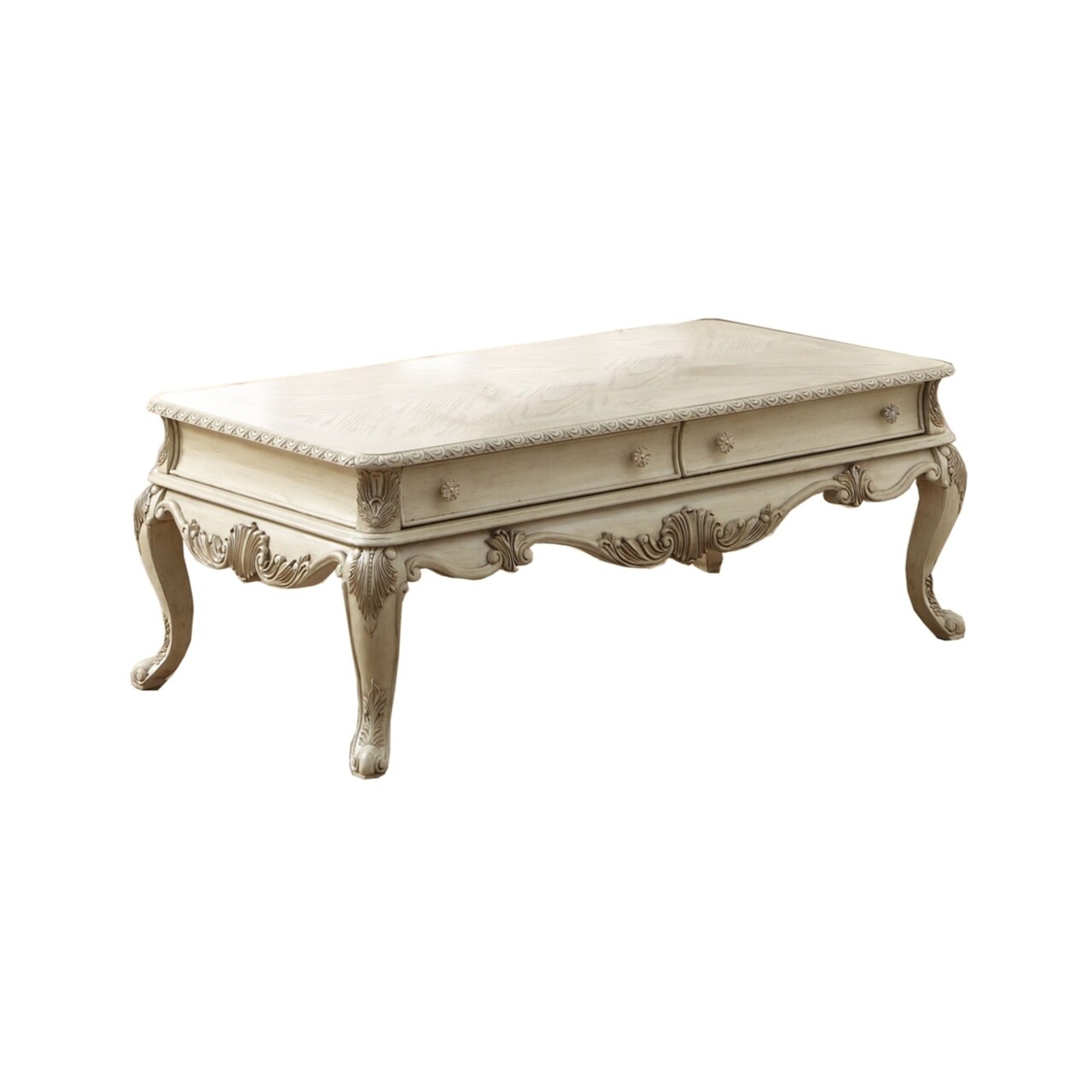 Saltoro Sherpi Vintage Style Wooden Coffee Table with Cabriole Legs and Two Broad Drawers, White-